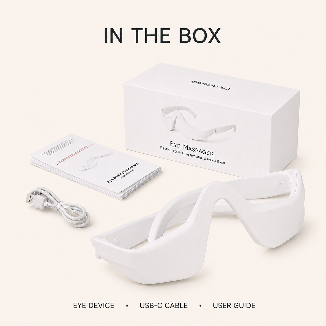 Lumae eye device, USB-C cable, user guide, and box